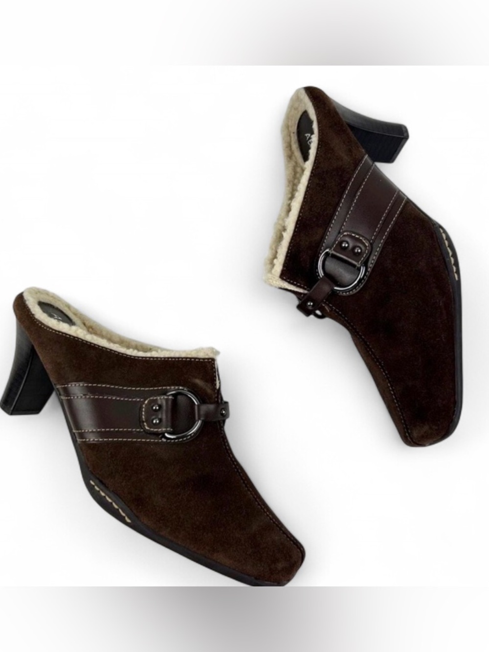 AEROSOLES Brown Suede Mule with Shearling Trim and Metal Bit